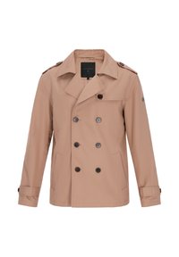 Beige dobbeltradet trenchcoat med krave med hak, to forlommer og mørke knapper. Har skulderklapper og justerbare manchetter.
