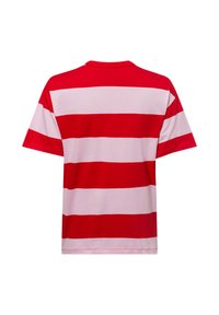 Red and pale pink striped short-sleeve t-shirt, featuring a crew neckline and straight cut. Soft cotton fabric with visible stitching.