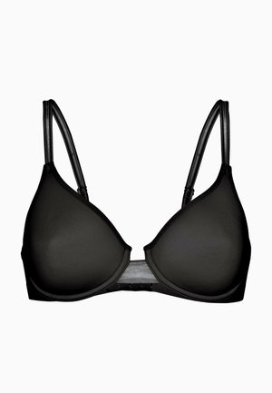 Bra nero a forma triangolare, in tessuto liscio, con spalline sottili regolabili e una leggera lucentezza. Presenta una chiusura a gancio e occhiello sul retro.