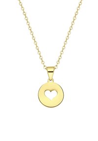 Goudvergulde ketting met een ronde hanger met een hartvormige uitsparing, verbonden door een delicate ketting, gladde oppervlakteafwerking.