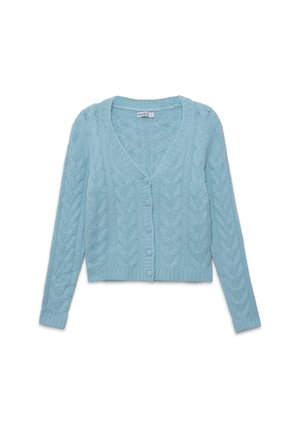 Cárdigan de punto en cable azul claro con un profundo escote en V, mangas largas y cierre de botones en la parte delantera. Fabricado con una tela suave y texturizada.
