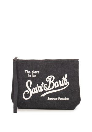 Bustina in tessuto nera con cerniera e testo bianco "The place to be Saint Barth Summer Paradise" sul davanti, con cinturino laterale per polso.
