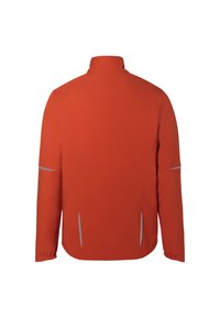 Rote Softshell-Jacke mit hohem Kragen, langen Ärmeln und reflektierenden Akzenten. Mit Seitentaschen und elastischen Bündchen für eine enge Passform ausgestattet.
