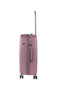 Maleta rígida en rosa suave, con asa telescópica, cremalleras dobles y cuatro ruedas giratorias para una fácil maniobrabilidad.