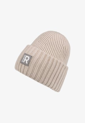 Cream-colored knit beanie with ribbed texture. Features a folded cuff with a gray label showing "#1839" and an "R" logo.