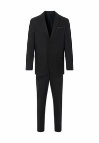 Schwarzes Anzug bestehend aus einer Jacke und einer Hose, taillierte Passform, glatte Textur, mit Reverskragen, zwei Fronttaschen und Ein-Knopf-Verschluss.