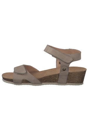 Gray sandal with a cork wedge sole, featuring a wide front strap and adjustable ankle strap. Smooth texture, minimal hardware accents.