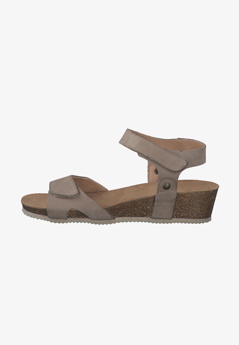 Gray sandal with a cork wedge sole, featuring a wide front strap and adjustable ankle strap. Smooth texture, minimal hardware accents.