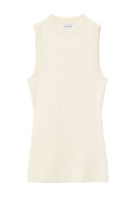 Top sans manches en maille côtelée crème avec col rond montant et silhouette ajustée.