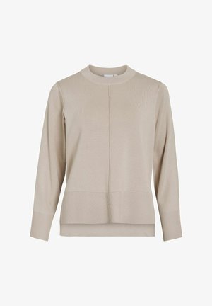 Beige knit sweater with a crew neck, long sleeves, ribbed hem, and a seam detail down the front. Soft texture and minimal design.