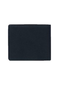 Portafoglio nero in tessuto strutturato, con forma rettangolare, bordi cuciti e design semplice e minimalista.