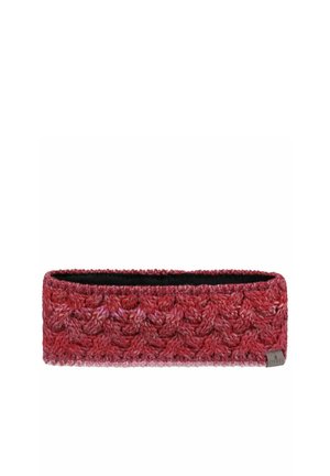 Rotes gestricktes Stirnband mit geflochtenem Muster und schwarzer Innenfütterung, mit einem kleinen rechteckigen Stoffetikett auf einer Seite.