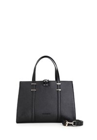 Bolso de mano de cuero sintético negro con diseño estructurado, dobles asas en la parte superior, herrajes en tono plateado y correa de hombro ajustable. Detalle del logo en la parte frontal.