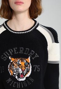 Pull en tricot noir avec des épaules à rayures contrastées blanches, grises et crème. Présente un motif de tigre orange brodé ainsi qu'un texte.