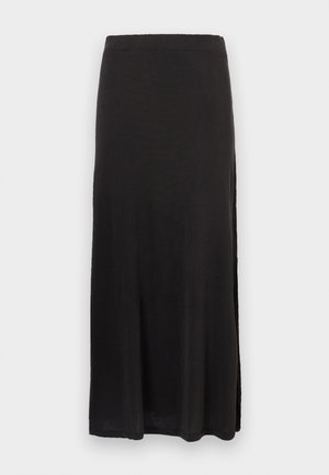 Musta maxi-seelik pehmest kangast, otse siluetiga, külje lõhiku, sileda tekstuuri ja elastse vöökohaga.