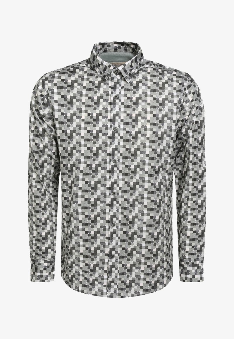 Chemise boutonnée à manches longues avec un motif à carreaux géométrique noir, gris et blanc et un col pointu.