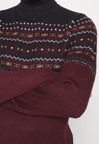 Mann mit verschränkten Armen, der einen burgunderfarbenen Rollkragenpullover mit mehrfarbigen geometrischen und floralen Strickmustern auf der Brust und den Ärmeln trägt.