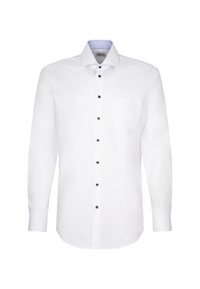 Hvid langærmet skjortekjole med sorte knapper, en venstre brystlomme og en spids krave, vist på en ensfarvet hvid baggrund.