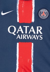 Nike sports jersey in dark blue, featuring red and white vertical stripes. "Qatar Airways" logo printed in white, with a round PSG emblem.