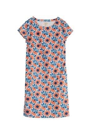 Kortom, mouwloos jurkje in het wit met een levendig bloemenpatroon met oranje zonnebloemen en blauwe bladeren. Gemaakt van lichte, zachte stof.