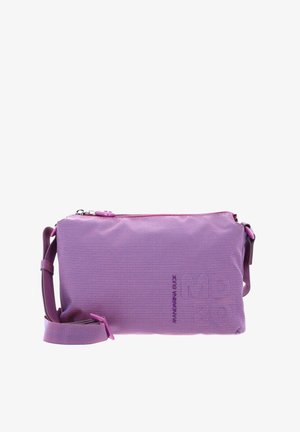 Sac d'épaule en tissu violet avec fermeture éclair, présentant une surface texturée et une sangle réglable pour un transport facile.