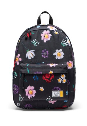 Sac à dos noir avec imprimé floral coloré, poche avant, poignée supérieure et petite étiquette blanche de la marque Herschel en bas à droite.