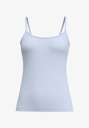 Camicetta azzurra chiara con spalline sottili, realizzata in morbido cotone, caratterizzata da un design aderente e una texture liscia.