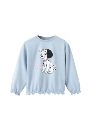Camicia azzurra a maniche lunghe con polsini e orlo arricciati, con un cane dalmata dei cartoni animati e il testo "I am a dog person" in rosa.