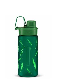 Green water bottle featuring lightning bolt patterns, a textured finish, and a green cap with a carry strap and measurement markings.