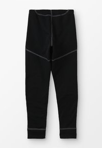 Leggings neri realizzati in un tessuto elasticizzato, con cuciture piatte e dettagli in grigio a contrasto. Texture liscia, forma aderente.