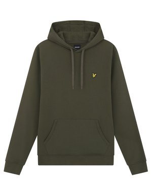 Olivově zelená mikina s kapucí, směs bavlny, nastavitelné šňůrky, přední kapsa, žebrované manžety a lem, s malým žlutým logem.