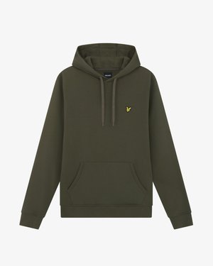 Olivenfarvet hættetrøje, blanding af bomuld, justerbar snor, frontlomme, ribbede manchetter og søm, med lille gul logo.