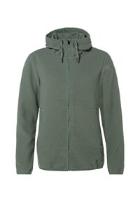 Giacca in pile verde spento, con chiusura a zip, cappuccio, due tasche frontali e una superficie strutturata per mantenere il calore.