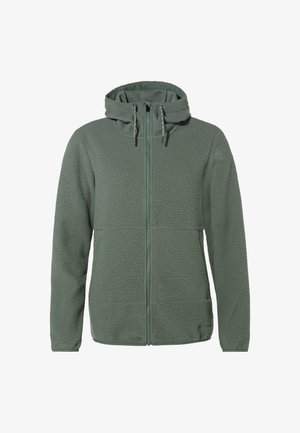 Giacca in pile verde spento, con chiusura a zip, cappuccio, due tasche frontali e una superficie strutturata per mantenere il calore.