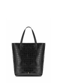 Czarna torba na ramię wykonana z sztucznej skóry krokodyla, o gładkiej fakturze, z dwoma solidnymi uchwytami i minimalistycznym złotym logo u podstawy.