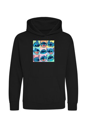 Sweat à capuche noir avec une grille colorée de neuf carrés de visages d’extraterrestres bleus dessinés en style cartoon montrant différentes expressions ludiques et amusantes à l’avant.
