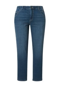 Vaqueros de mezclilla azul con un diseño de pierna recta, bolsillos frontales, detalles de costura sutiles y una cintura elástica. Corte casual y versátil.