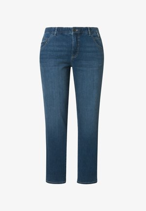 Blå denim jeans med lige ben design, forlommer, subtile stikninger og elastisk talje. Casual, alsidig pasform.