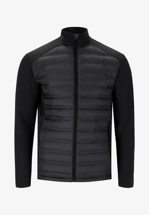 Black jacket with a zip front, featuring a puffy quilted upper and smooth sleeves. Made of lightweight material, offering warmth and flexibility.