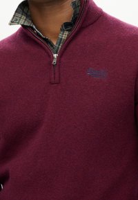 Mann trägt einen bordeauxroten Quarter-Zip-Pullover über einem karierten Hemd in Grün und Beige mit Kragen, das den oberen Brust- und Halsbereich zeigt.