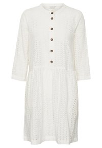 Weißes Hemdkleid aus strukturiertem Lochstoff, mit Dreiviertelärmeln, einer gerafften Taille und braunen Knöpfen auf der Vorderseite.