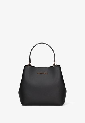 Black handbag made of textured synthetic material, featuring a curved silhouette, double handles, and a metallic logo accent on the front.