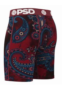 Červené trenýrky s vzorem paisley v modré barvě a květinovými akcenty, s elastickým páskem s logem značky. Prodyšná textilie.