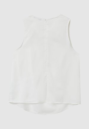 Top bianco senza maniche, tessuto liscio, scollo rotondo e chiusura con zip posteriore. Orlo curvo che aggiunge un dettaglio di design sottile.