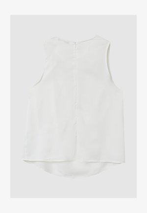 Top bianco senza maniche, tessuto liscio, scollo rotondo e chiusura con zip posteriore. Orlo curvo che aggiunge un dettaglio di design sottile.