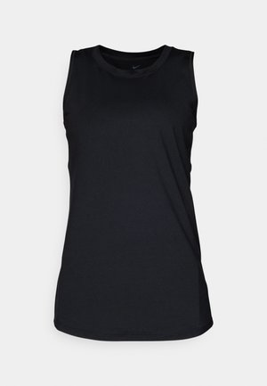Svart ärmlös atletisk tanktopp gjord av slät polyester. Rund hals, avslappnad passform, utan synliga mönster eller detaljer.