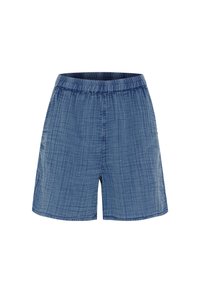 Denimshorts i en medelblå nyans med en texturerad yta. Har resårmidja och en lös passform för komfort. Avslappnad stil.