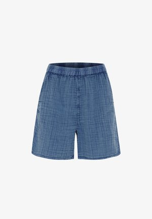 Scurte din denim cu o nuanță medie de albastru și un finisaj texturat. Au un elastic în talie și o croială lejeră pentru confort. Stil casual.