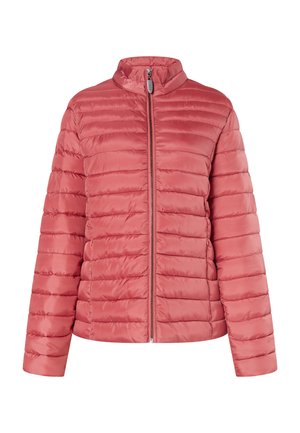 Padded jacket v korálové barvě, s horizontálním prošíváním, vysokým límcem a předním zipem. Vyrobeno z lesklého, lehkého materiálu.