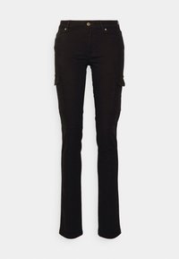 Zwarte cargo broek met een recht-benige snit, voorzien van meerdere zakken, een metalen knoopsluiting en een gladde stofstructuur.